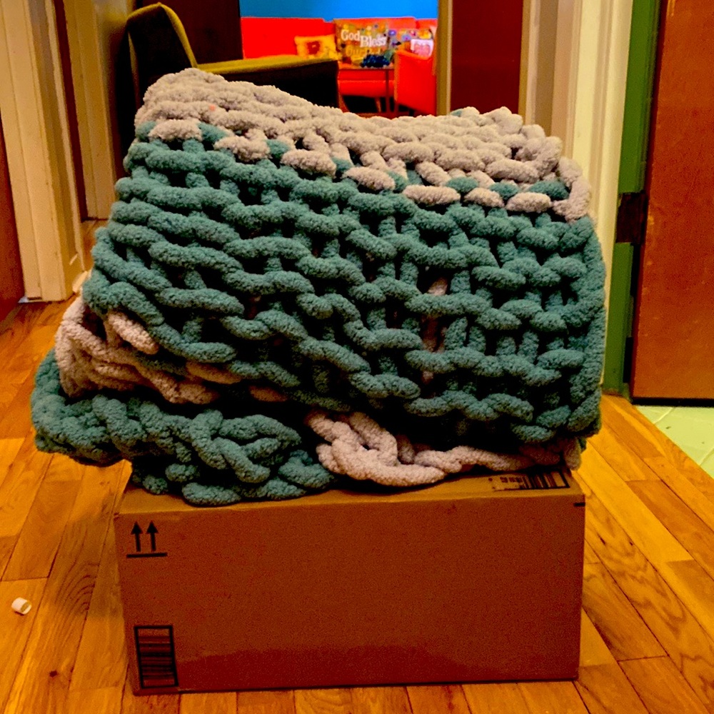 Grey and blue throw blanket hand knitted